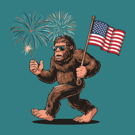 Gorilla with american flag and fireworks vector illustration graphic designのイラスト素材