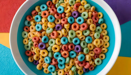 Colorful cereal rings in bowl on colorful background. Top view.の素材