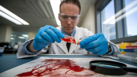 Scientist working on a blood sample in a lab (shallow DOF; color toned image)の素材