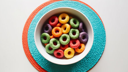 Colorful Cereal Rings in a White Bowl on Multi-Colored Placematsの素材