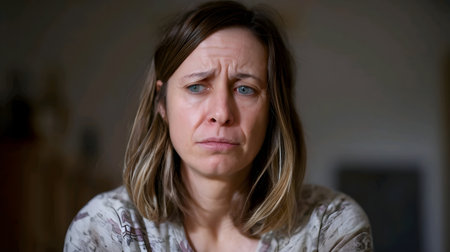 Close-up portrait of a sad woman with tears in her eyesの素材