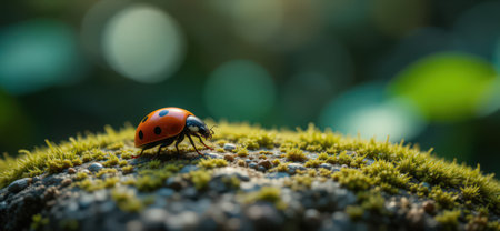 ladybug on green moss in the forest, nature background.の素材