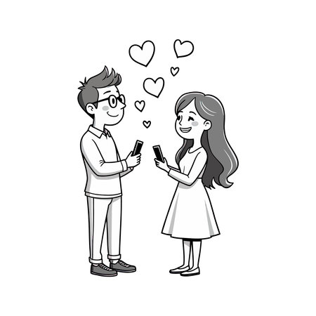 Happy Couple Sharing Messages on Phones with Love Hearts Illustrationのイラスト素材