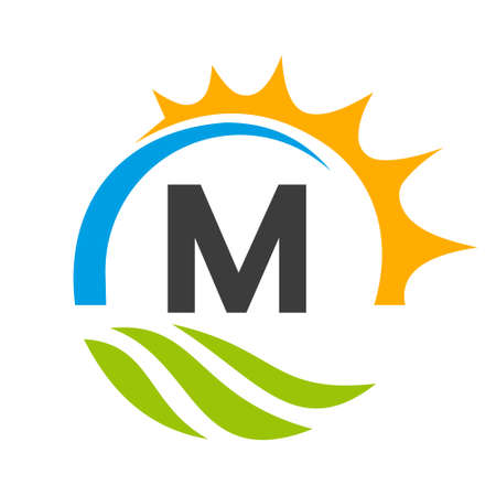 Letter M Agriculture Template. Agriculture Concept with Green Field and Bright Sun Elementのイラスト素材