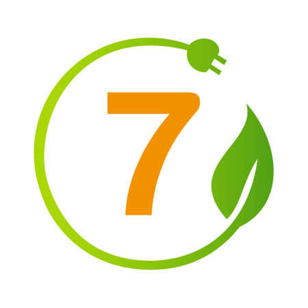 Letter 7 Green Energy Electrical Plug Template. Electrical Plug Sign Concept with Eco Green Leaf Vector Signのイラスト素材