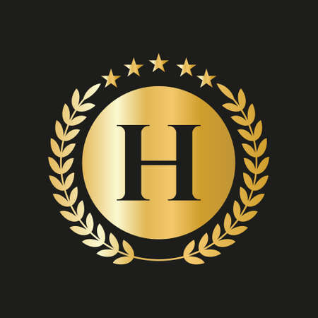 Letter H Concept Seal, Gold Laurel Wreath and Ribbon. Luxury Gold Heraldic Crest Logo Elementのイラスト素材