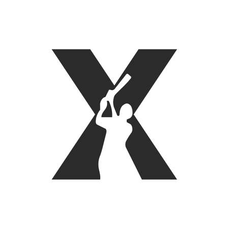 Letter X Cricket Batsman Logo Design Vector Sign. Cricket Club Logotype Symbolのイラスト素材