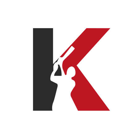 Letter K Cricket Batsman Logo Design Vector Sign. Cricket Club Logotype Symbolのイラスト素材