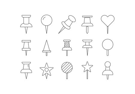 Push pins icon bundle. Memo, notice, reminder, fix, stick icon line art style vector templateのイラスト素材