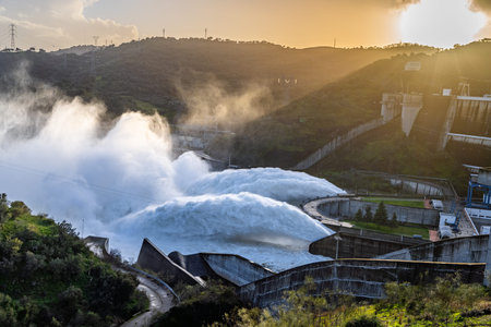 Alqueva, Portugal - February 7, 2026: Water is released from the spillway of the Alqueva Dam in the Alentejo region following Storm Marta. Heavy rainfall increased reservoir levelsのeditorial素材