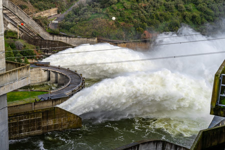 Alqueva, Portugal - February 7, 2026: Water is released from the spillway of the Alqueva Dam in the Alentejo region following Storm Marta. Heavy rainfall increased reservoir levelsのeditorial素材