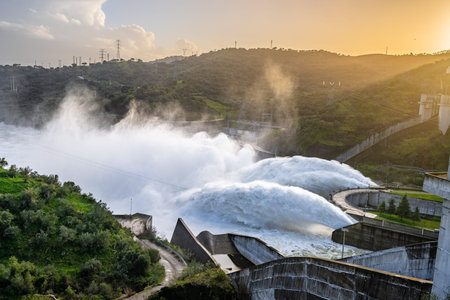 Alqueva, Portugal - February 7, 2026: Water is released from the spillway of the Alqueva Dam in the Alentejo region following Storm Marta. Heavy rainfall increased reservoir levelsのeditorial素材