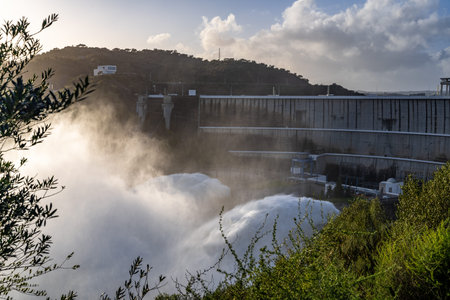 Alqueva, Portugal - February 7, 2026: Water is released from the spillway of the Alqueva Dam in the Alentejo region following Storm Marta. Heavy rainfall increased reservoir levelsのeditorial素材