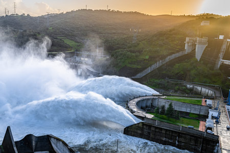 Alqueva, Portugal - February 7, 2026: Water is released from the spillway of the Alqueva Dam in the Alentejo region following Storm Marta. Heavy rainfall increased reservoir levelsのeditorial素材