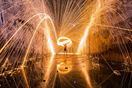 Photography Steel wool in different ways. Using a camera with shutter speed traction techniques Long-exposure .の写真素材