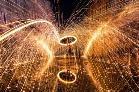 Photography Steel wool in different ways. Using a camera with shutter speed traction techniques Long-exposure .の写真素材