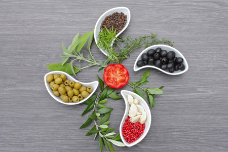 spices, herbs and vegetable decorationsの写真素材