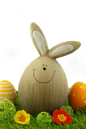 easter bunny in grass with flowers and easter decorations isolated on white background backgroundの写真素材