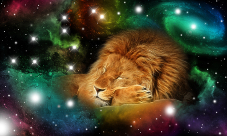 sign of the zodiac leo in a colorful universe with some galaxies and starsの写真素材