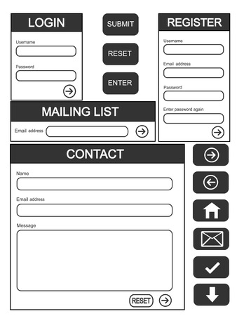 Website login, contact and register form + additional buttonsのイラスト素材