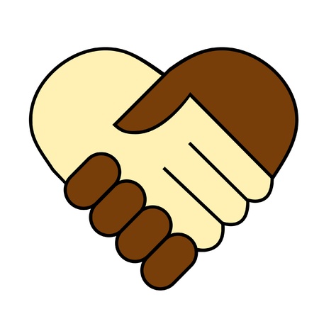 hand shake between black and white man, heart shaped symbol のイラスト素材