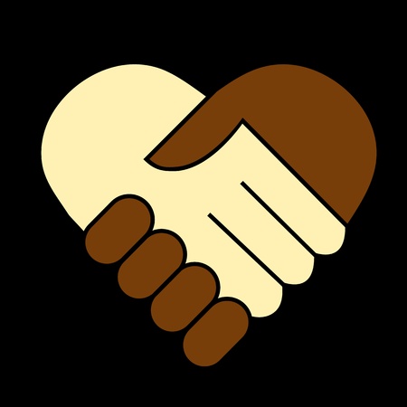Hand shake between black and white man, heart shaped symbolのイラスト素材