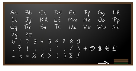 Blackboard background with alphabet, numbers and signs in chalk.のイラスト素材