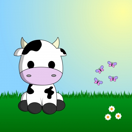Cute cow sitting in grassのイラスト素材
