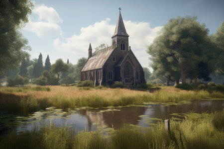 Digital painting of a church on the shore of a lake with reflectionの素材