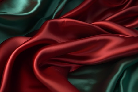 Closeup of rippled red and green satin silk fabricの素材