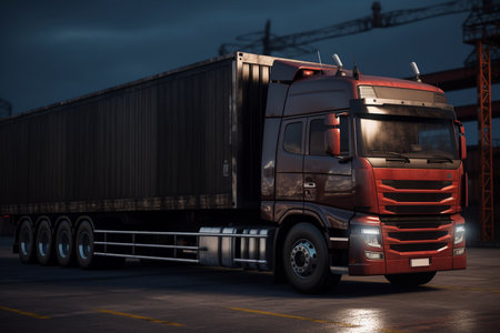 Truck with container on the road at night. Cargo transportation and logistics concept.の素材