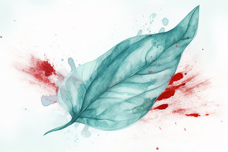 Watercolor leaves on a white background with red and blue splashesの素材
