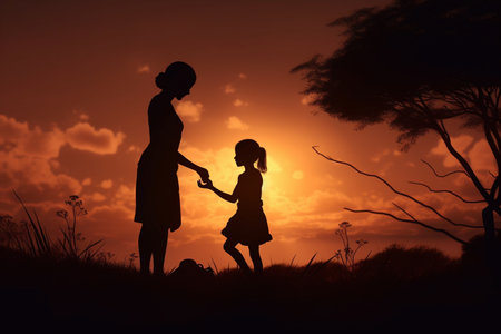 Silhouette of a mother and daughter in the field at sunsetの素材