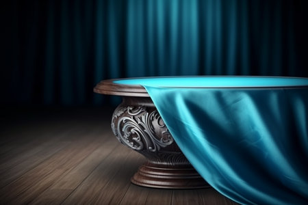 Blue curtain and round table. 3d rendering. Computer digital drawing.の素材