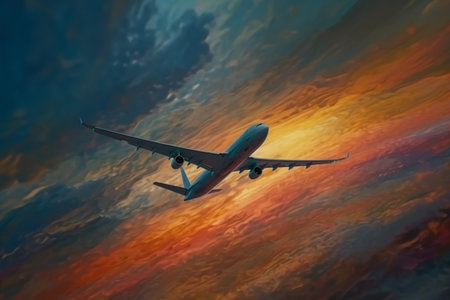 Passenger airplane flying in the sunset sky. 3d illustration.の素材