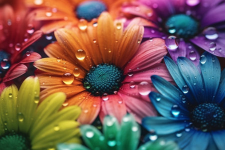 Beautiful colorful daisies with water drops. Close-up.の素材