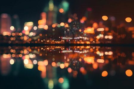 night view of the city and the reflection of the city in the waterの素材