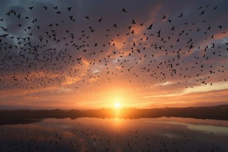 Flock of birds flying over the lake at sunset, nature backgroundの素材