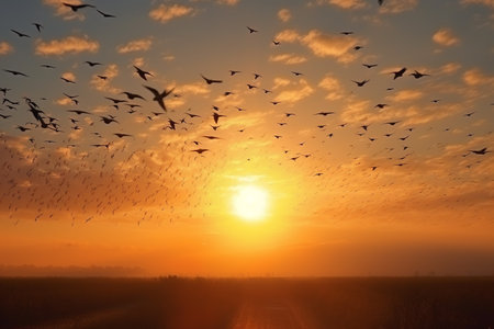 A flock of geese flies over a road at sunset. A flock of geese flies in the sky.の素材