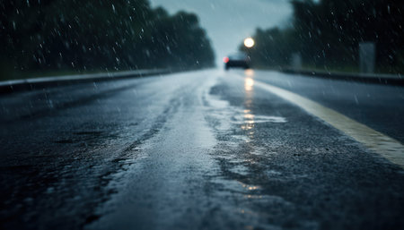 Rain on the road in the evening. Selective focus. Shallow depth of fieldの素材