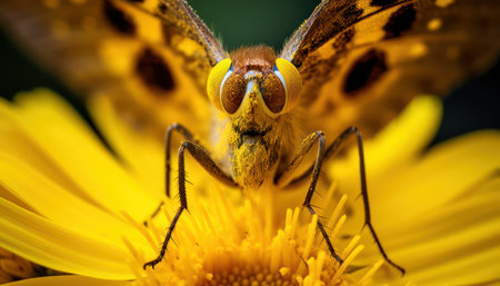 Macro of a buterfly on a yellow daisy flower.の素材