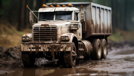 Dump truck in muddy forest. Selective focus. Shallow depth of fieldの素材