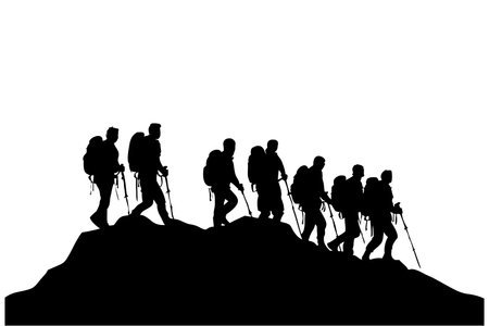 Silhouette of a group of hikers on a white background.のイラスト素材