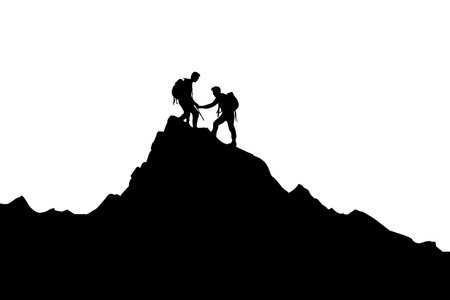Vector silhouette of a man on top of a mountain with a backpack.のイラスト素材