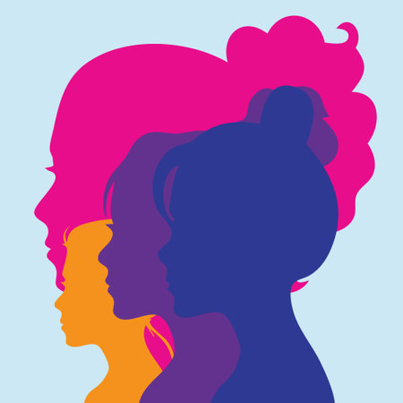 Four women headshots of different nationalities and cultures standing together. History month of women conceptのイラスト素材
