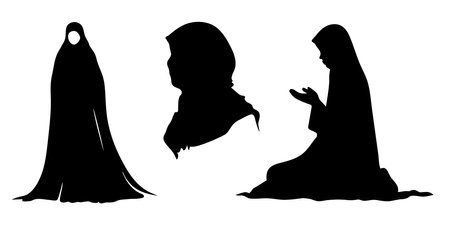 Silhouettes of Muslim women in traditional clothes. Ramadan Mubarak concept. Vector illustration.のイラスト素材