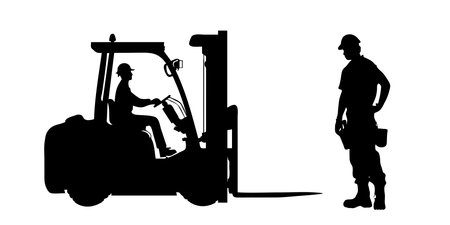 Vector silhouette of forklift loader on white background. Symbol of construction.のイラスト素材