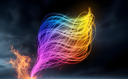 abstract rainbow fire effect on dark sky background. 3d renderingの素材