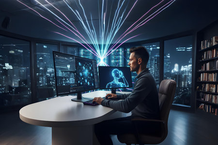 Side view of young businessman sitting at desk in office and looking at computer monitor with glowing hologram. 3D renderingの素材