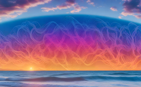 3D illustration of a beautiful sunset over the sea with waves and cloudsの素材
